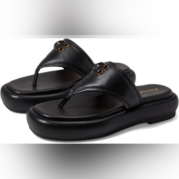 Coach Shoes - Coach Sylvia Black Leather Sandals with Gold Accent